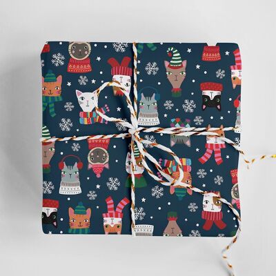 Papel de regalo navideño de gatos | Hojas de papel de regalo navideño