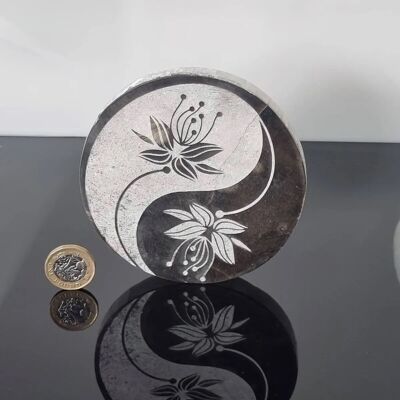 Etched Selenite Crystal Plate - Yin yang painted
