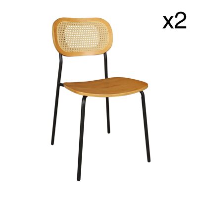 LOT DE 2 CHAISES EN ROTIN, BOIS NATUREL ET STRUCTURE EN MÉTAL NOIR 47X53X82CM NOSARA