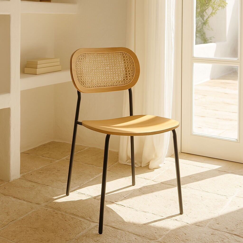 Set aus 2 Rattanstühlen, Naturholz und schwarzes Metallgestell, 47 x 53 x 82 cm, NOSARA