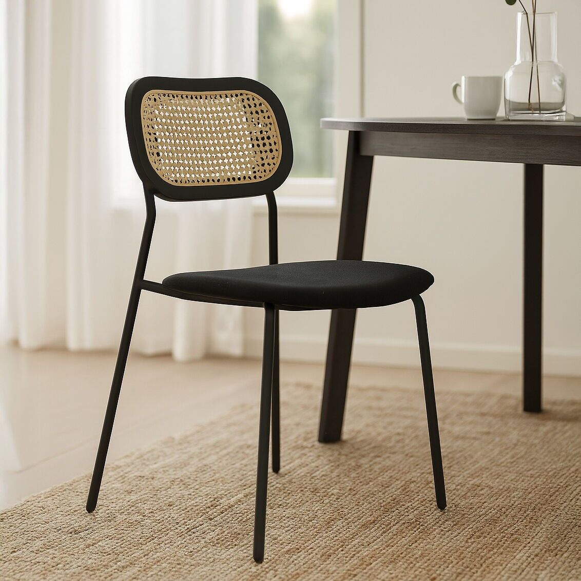 Set aus 2 NOSARA-Stühlen aus Naturrattan, Holz, Metall und schwarzem Cord, 47 x 53 x 82 cm