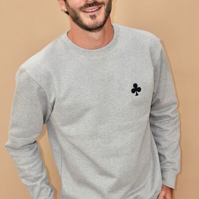 GRAY ROUND NECK SWEATSHIRT WITH BLACK CLOVER EMBROIDERY