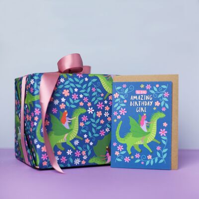 Papel de regalo de princesa y dragón | Envoltura para niños | Envoltura de hojas