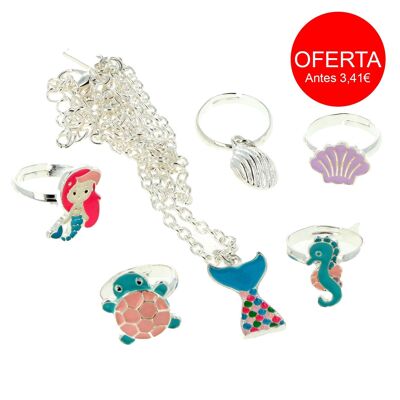 Set di gioielli per bambini composto da 5 anelli e collana con ornamenti marini