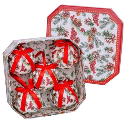 Caja decorada con 5 Bolas navidad acebo 70 mm