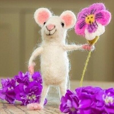 White Mouse holding Pansy - by Sew Heart Felt