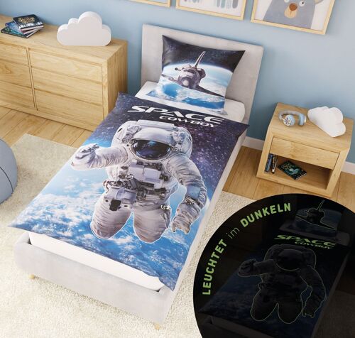 Leuchtende Kinder-Bettwäsche 135x200 cm, 100% Baumwolle, Glow in the Dark Bettbezug Astronaut Weltall mit Spieleseite