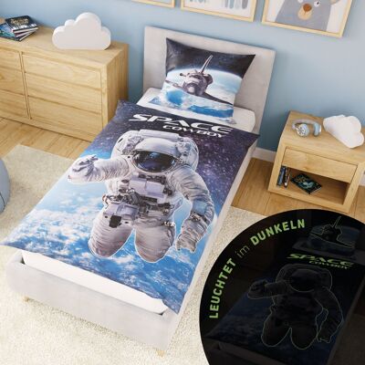 Biancheria da letto luminosa per bambini 135x200 cm, 100% cotone, copripiumino fosforescente spazio astronauta con lato gioco