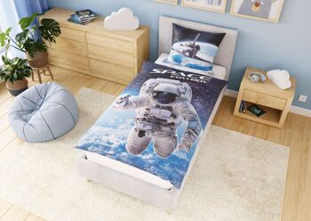 Parure de lit enfant lumineuse 135x200 cm, 100% coton, housse de couette phosphorescente espace astronaute avec côté jeu 2