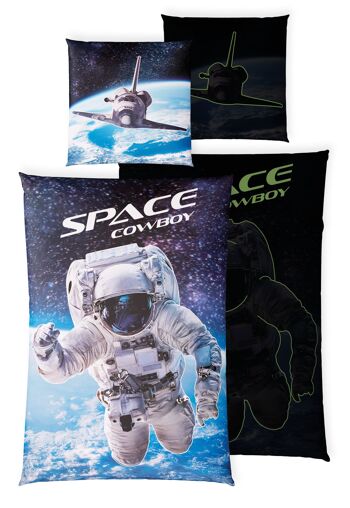 Parure de lit enfant lumineuse 135x200 cm, 100% coton, housse de couette phosphorescente espace astronaute avec côté jeu 4