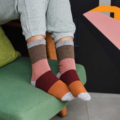 Socquettes femme en laine d'agneau -block -rouge/rose