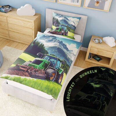 Luminous children's bed linen 135x200 cm, 100% cotton, glow in the dark duvet cover tractor tractor with play side