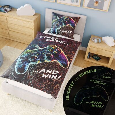 Luminous children's bed linen 135x200 cm, 100% cotton, glow in the dark gamer duvet cover gamer controller with game side