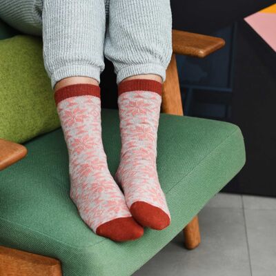 Women's Lambswool Ankle Socks - fair isle - pink/terracotta