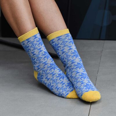 Women's Lambswool Ankle Socks - fair isle - grey/blue