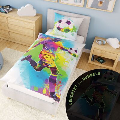 Ropa de cama infantil de fútbol luminosa 135x200 cm, 100% algodón, funda nórdica que brilla en la oscuridad CON LADO DE JUEGO