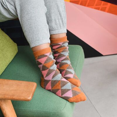 Women's Lambswool Ankle Socks - triangle - mustard/mushroom/pink