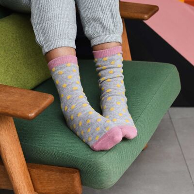 Calcetines tobilleros de lana de cordero para mujer - lunares pequeños - gris/amarillo