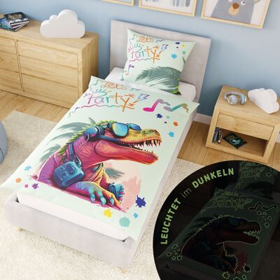 Ropa de cama infantil Luminous Dino 135x200 cm, 100% algodón, dinosaurio que brilla en la oscuridad con lado de juego