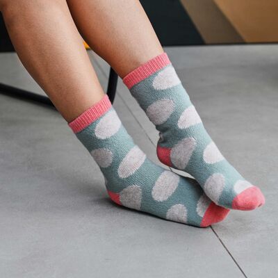 Women's Lambswool Ankle Socks - large spot - jade/pink