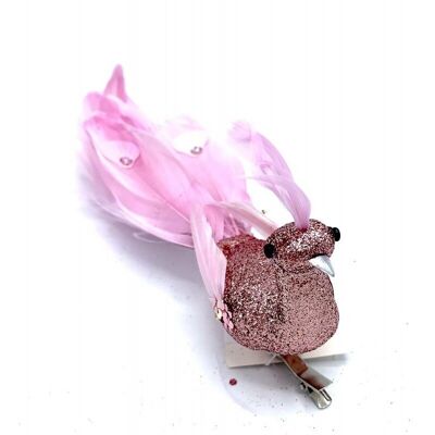 Pájaro con clip de resorte brillante y pluma Rosa 22x5 H8 cm