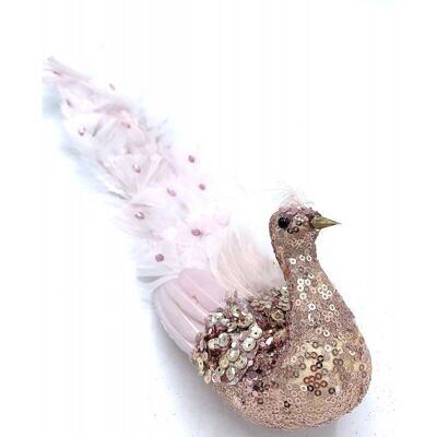 Bird with glitter clip and feather Pink 45x10 H14cm