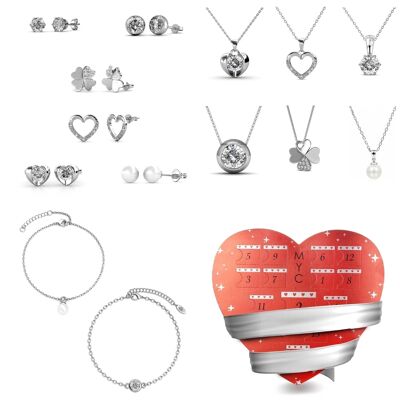 Caja corazón San Valentín - 14 joyas - Acabado plata
