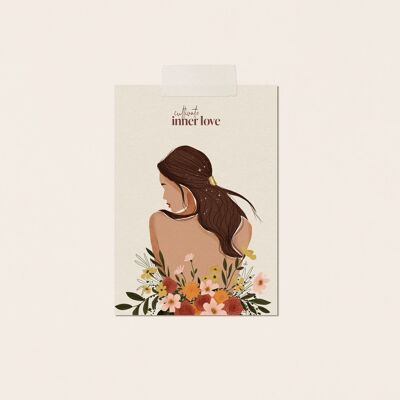 Illustrazione femminile e poetica, biglietto con messaggio - "Coltivare l'Amore"