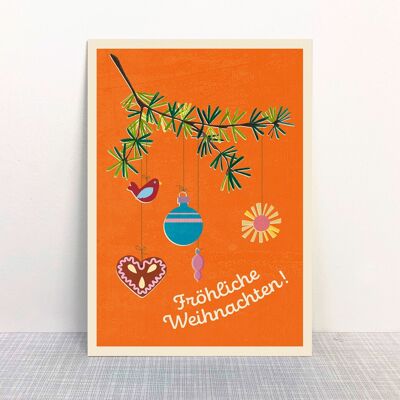 Carte postale Noël branche de sapin orange