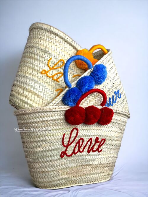 Handmade Personalized Straw Basket with Pompoms