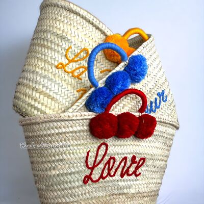 Handmade Personalized Straw Basket with Pompoms