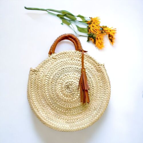 Straw Tote Bag with Leather Handles | Round bag