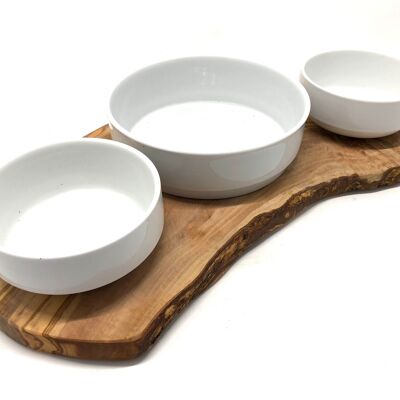 RUSTY TRIO feeding station for wet food, dry food & water with 2x 0.4 L and 1x 0.9 L porcelain bowl olive wood