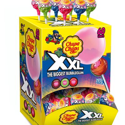 Chupa Chups - Boite de 60 Sucettes XXL Avec Coeur Bubble Gum - Parfums Fraise, Pomme, Cola pour la Sucette + Chewing Gum - Géantes -