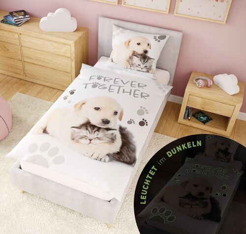 Leuchtende Kinder-Bettwäsche 135x200 cm, 100% Baumwolle, Glow in the Dark Hund & Katze mit Spieleseite