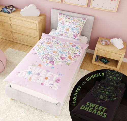 Leuchtende Kinder-Bettwäsche 135x200 cm, 100% Baumwolle, Blumen-Herz Glow in the Dark Bettbezug mit Spieleseite