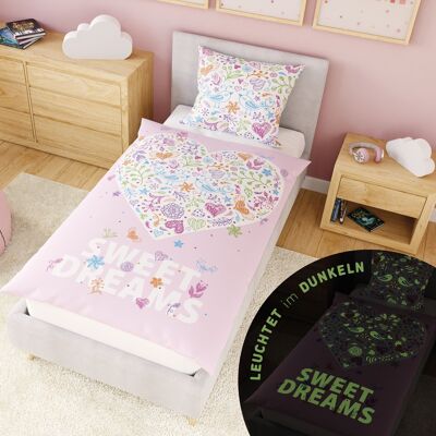 Leuchtende Kinder-Bettwäsche 135x200 cm, 100% Baumwolle, Blumen-Herz Glow in the Dark Bettbezug mit Spieleseite