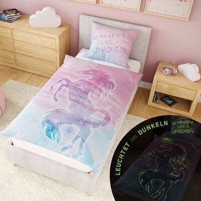 Parure de lit enfant licorne lumineuse 135x200 cm, 100% coton, housse de couette licorne phosphorescente avec côté jeu