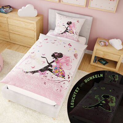 Ropa de cama infantil luminosa para niñas 135x200 cm, 100% algodón, hada que brilla en la oscuridad con lado de juego