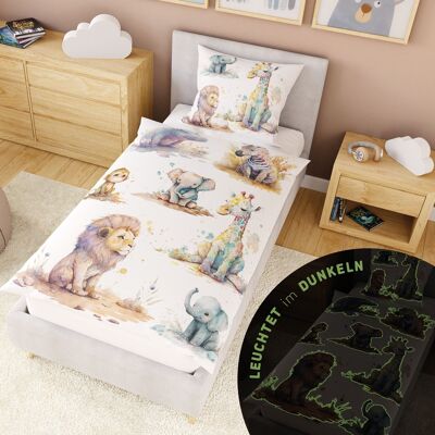 Luminous children's bed linen 135x200 cm, 100% cotton, glow in the dark animals duvet cover with play side