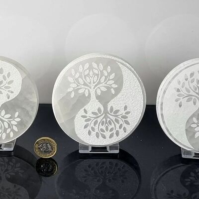 Selenite Crystal Charging Plate Etched Yin Yang Tree of Life - White yin yang tree