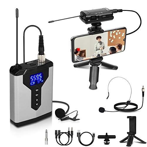 Wireless Lavalier Microphone System Lapel Mic with Rechargeable Bodypack and Receiver Wireless Micro Phone for SLR Cameras