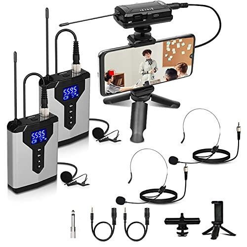 Wireless Lavalier Microphone System Lapel Mic with Rechargeable Bodypack and Receiver Wireless Micro Phone for SLR Cameras