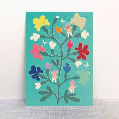 Postkarte Wichtel Baum Blume