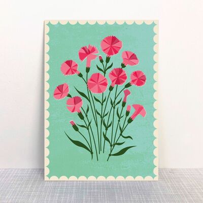 Carte postale fleurs œillets menthe