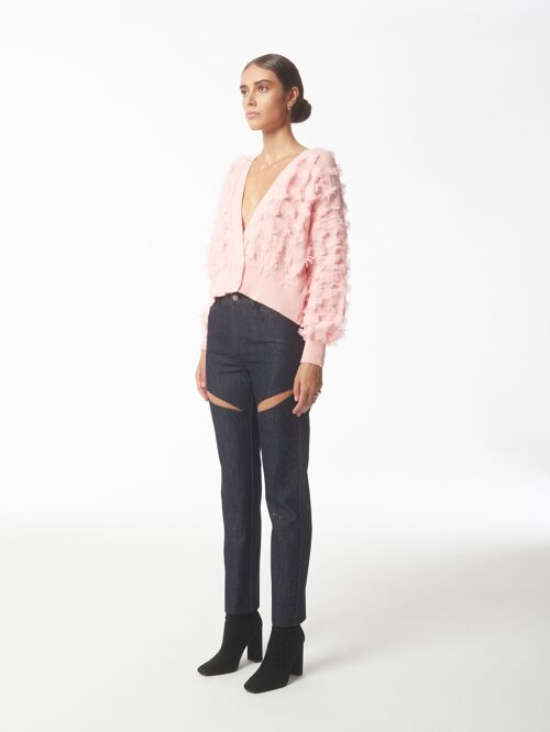 Fringed Checkerboard Cardigan in Pink