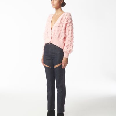 Fringed Checkerboard Cardigan in Pink