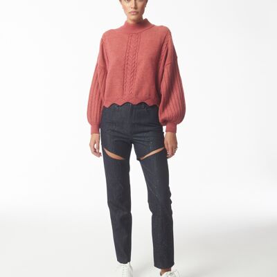 Batwing Sleeves Scallop Edge Knit Jumper in Brick Red