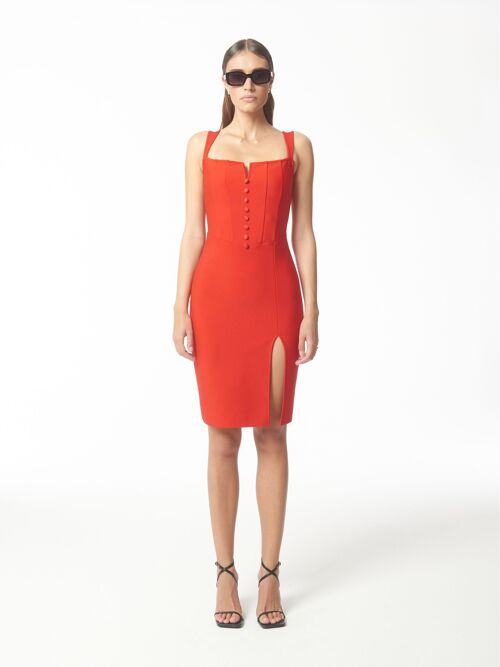 Square-Neck Button-Down Cocktail Dress in Persian Red