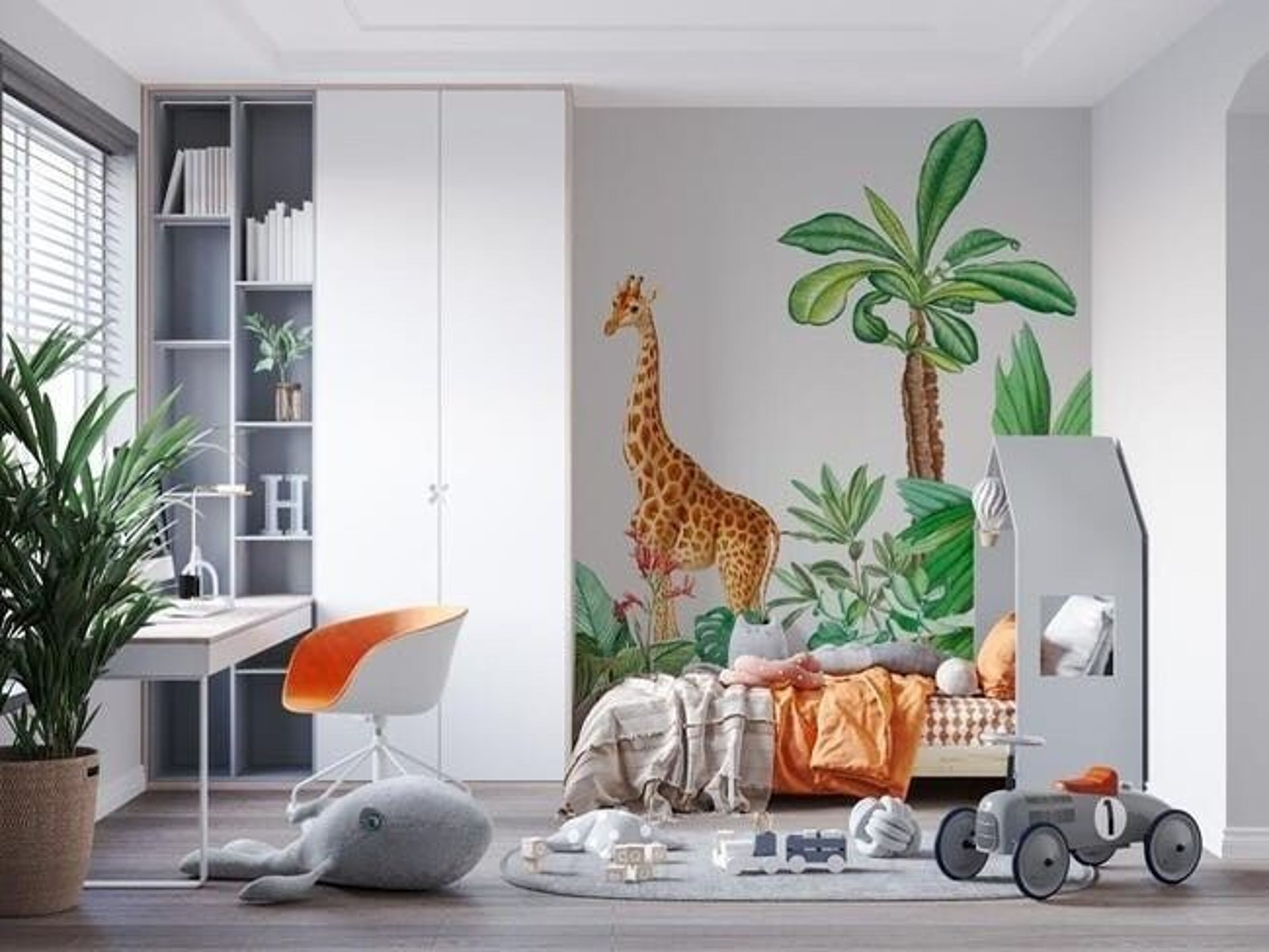 Papier peint panoramique tendance enfant jungle girafe